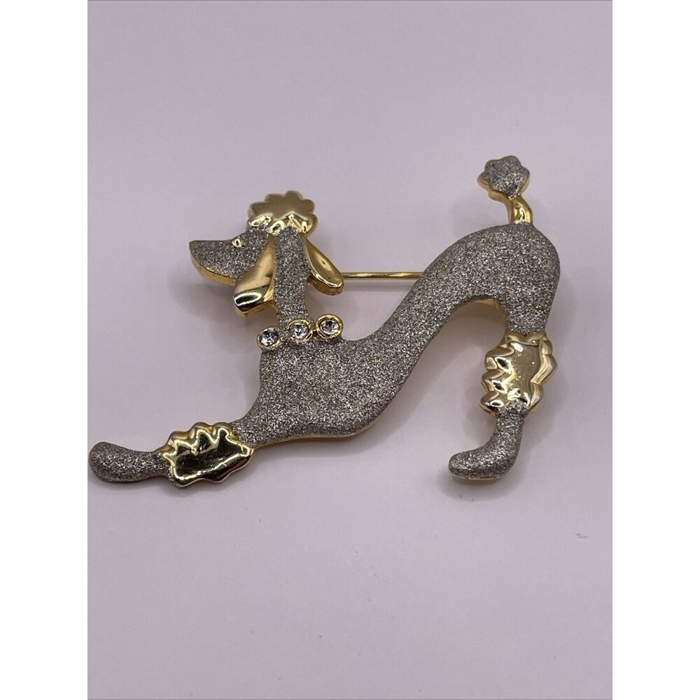 DJ‎ Signed Poodle Brooch Pin Gold & Silver Tone Rhinestone Glitter Dog  VTG